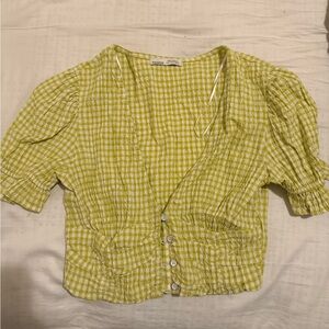 Gingham Button-Up Top in Green by pull and bear